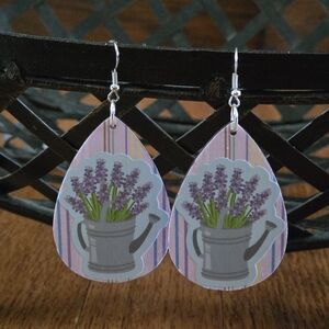 Hand Crafted Purple Lavender Watering Can Drop Earrings
